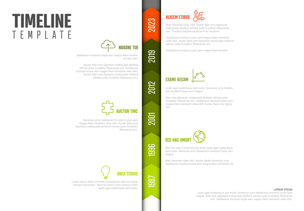 Vector Infographic Company Milestones Timeline Vertical Template  - light version with green and red colors. Vector Infographic Company Milestones Timeline Vertical Template