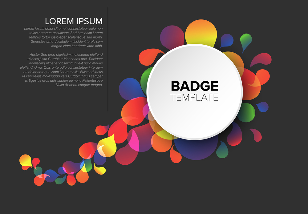 Colorful creative badge template with sample content and fresh background - dark version