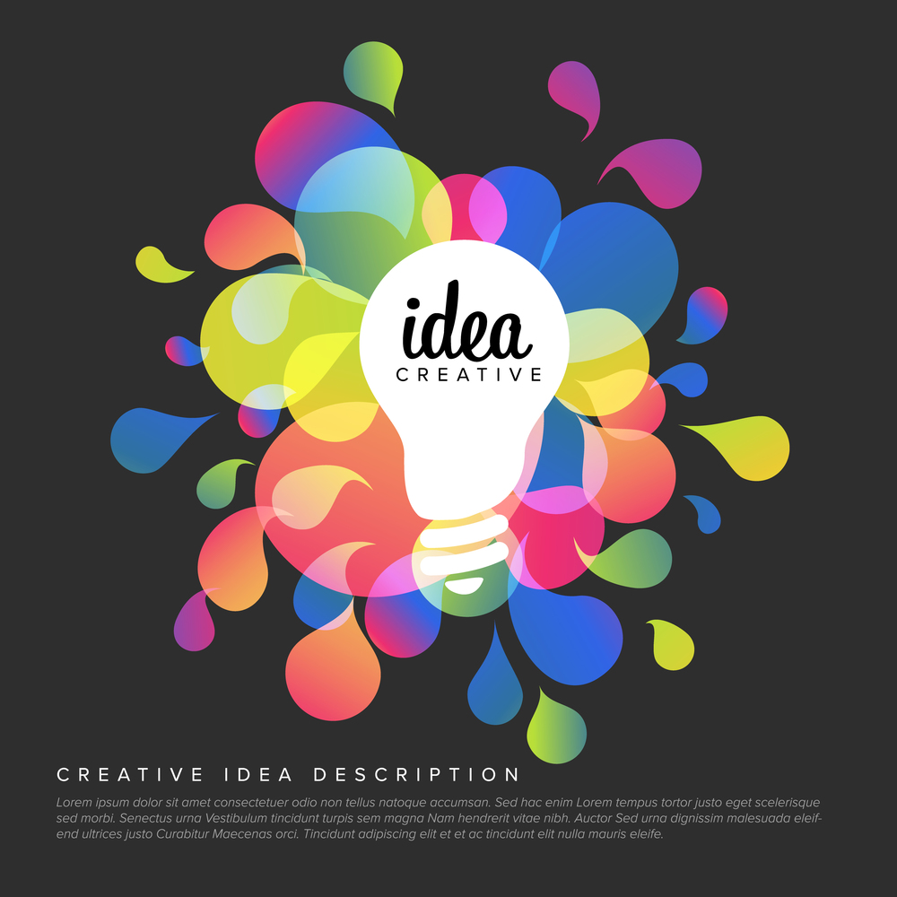 Creative idea concept illustration template made from colorful droplets and light bulb icon on dark background. Vector Creative idea template on dark background