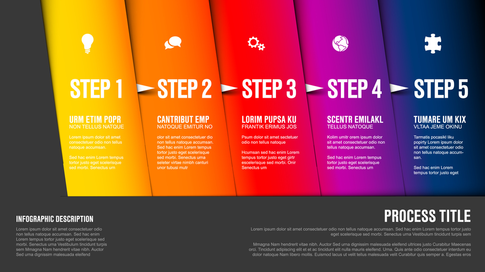 One two three four five - vector progress block steps template with descriptions and icons on diagonal blocks. Infographic Timeline Template with photos
