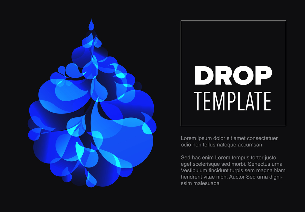 Abstract dark flyer template with blue droplet made from small drops. Vector Flyer template with a blue droplet