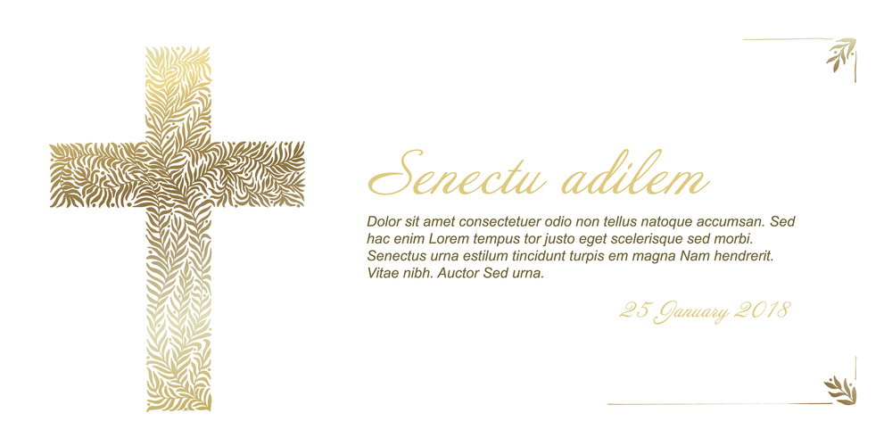 Funeral card template with golden cross made from leafs on white background. Funeral card template - white and golden version