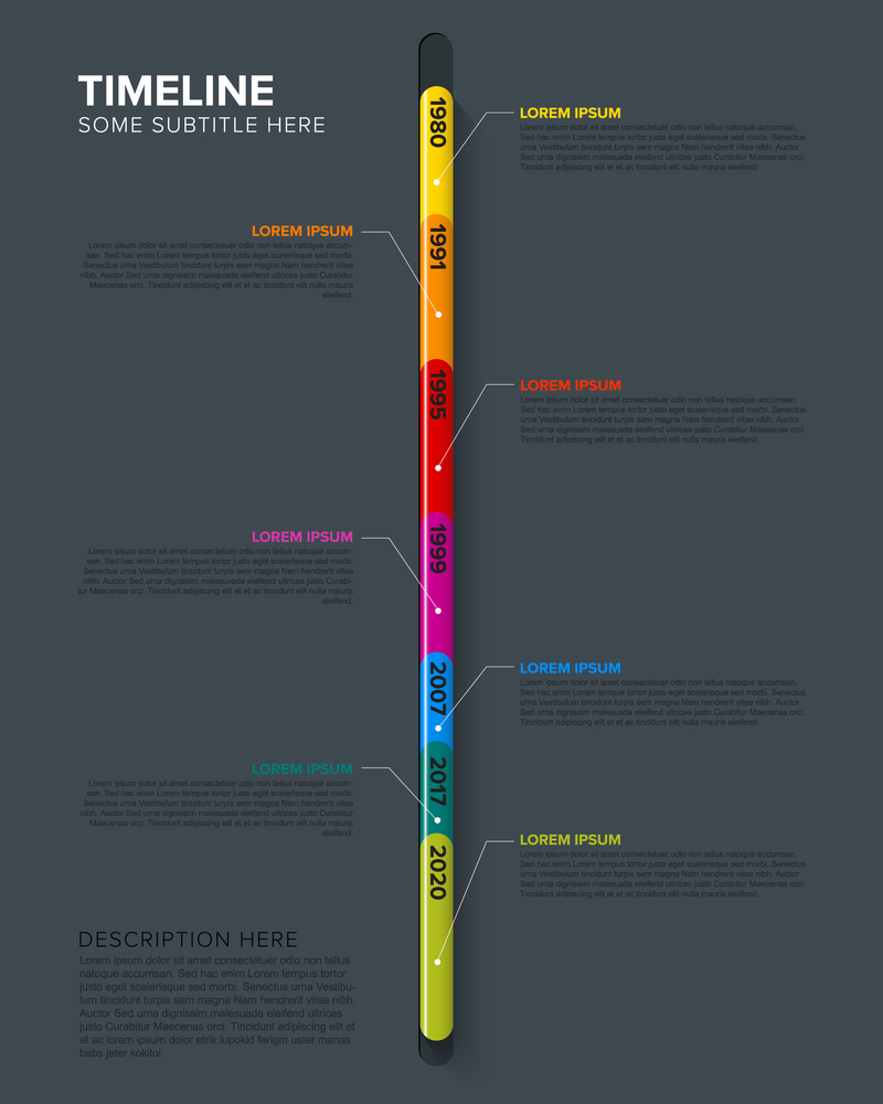 Vector Infographic Company Milestones Timeline Template dark vertical version. Glassy Infographic Timeline Template