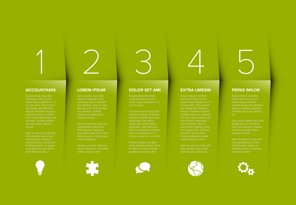 Vector green five steps progress template with descriptions and icons. Vector progress five steps template green version