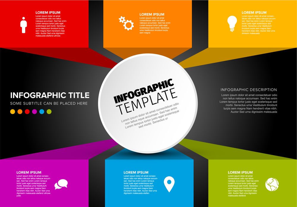 Vector multipurpose Infographic template made from circle and content blocks - dark version. Vector multipurpose Infographic template with six blocks