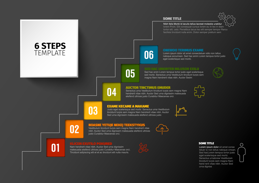 One two three four five six - vector squares progress steps template with descriptions and icons - dark version