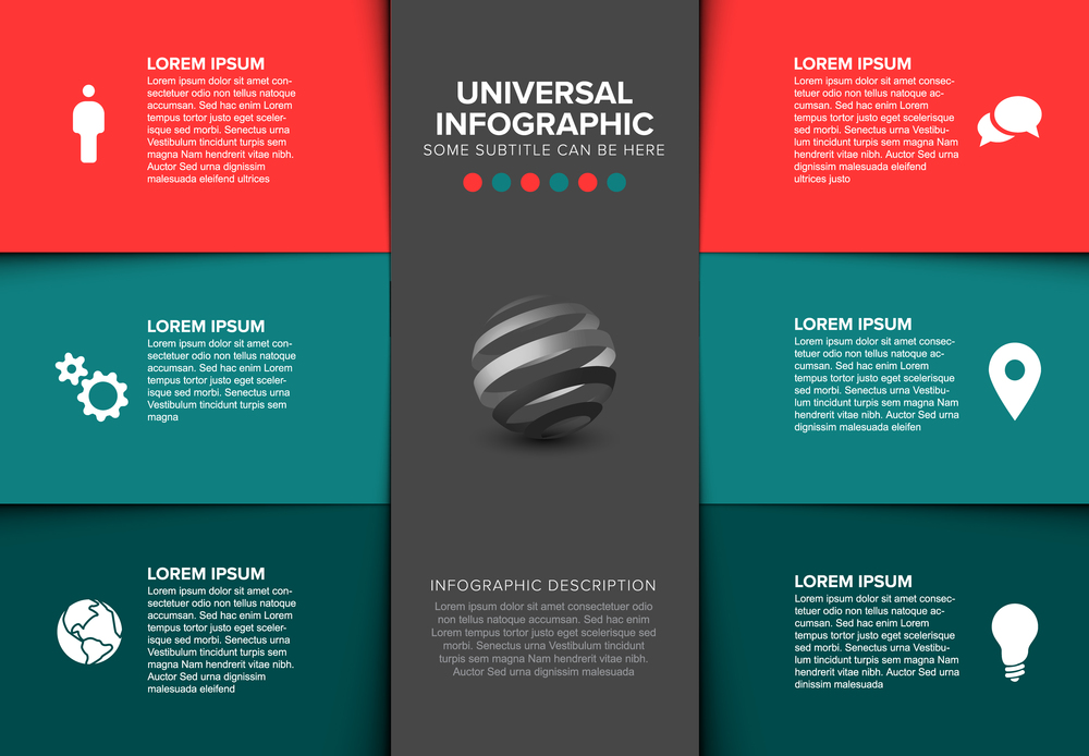 Vector multipurpose Infographic template made from seven color content blocks - teal and red version. Vector multipurpose Infographic template