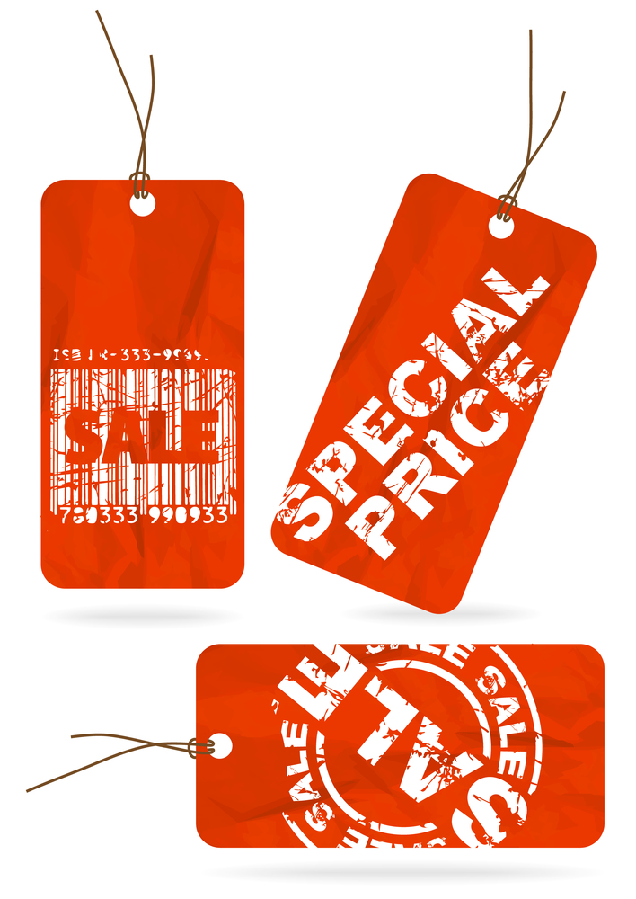 Set of red crumpled paper tags for sale, discount
