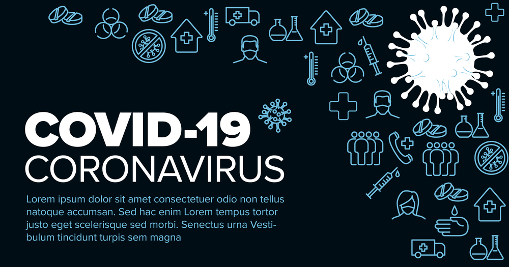 Vector banner header template with coronavirus illustration, icons and place for your information - blue version