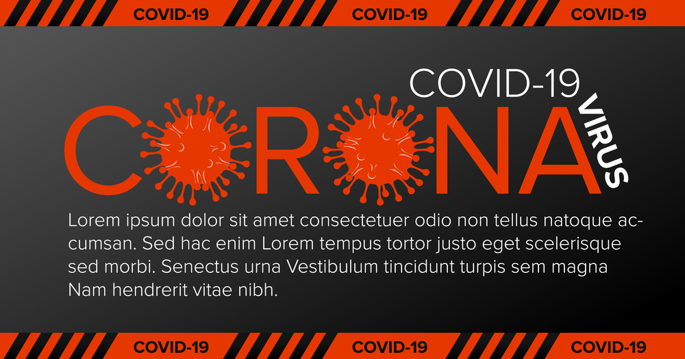 Vector banner header template with coronavirus illustration, icons and place for your information - red  gray version
