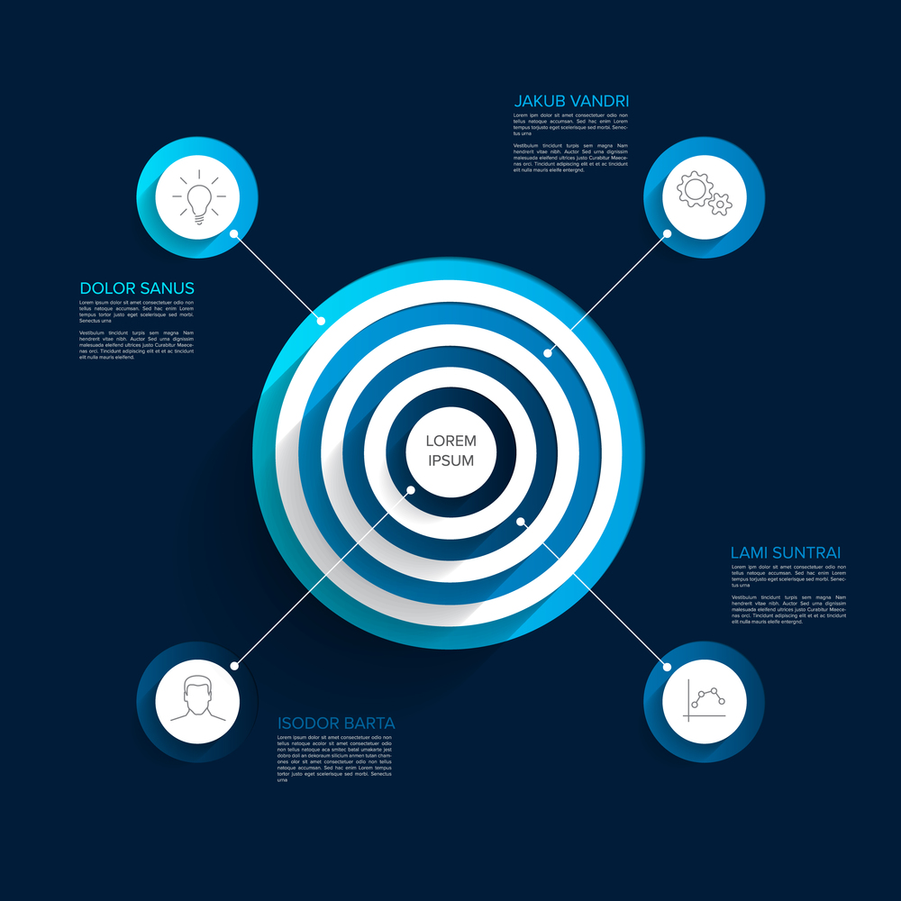 Vector multipurpose Infographic template with four elements around target pyramid circles on a dark blue background. Multipurpose Infographic template with five elements