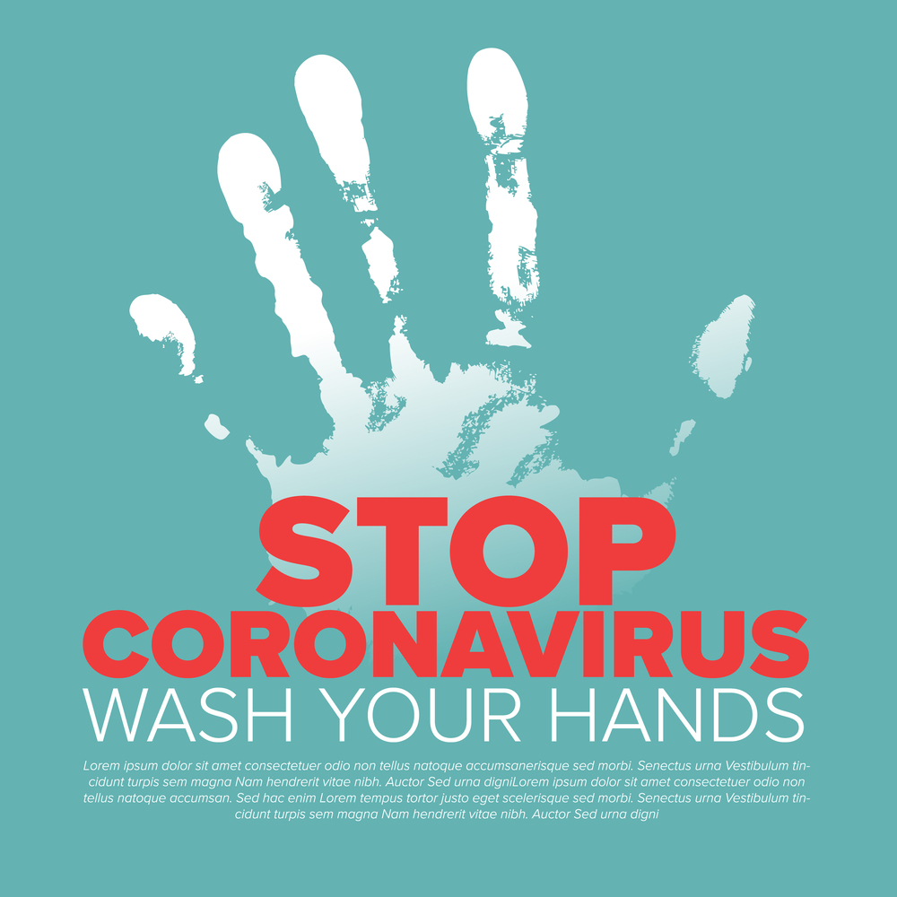 Vector flyer template with stop coronavirus illustration - wash your hands appeal - teal red version. Vector Infographic layers template