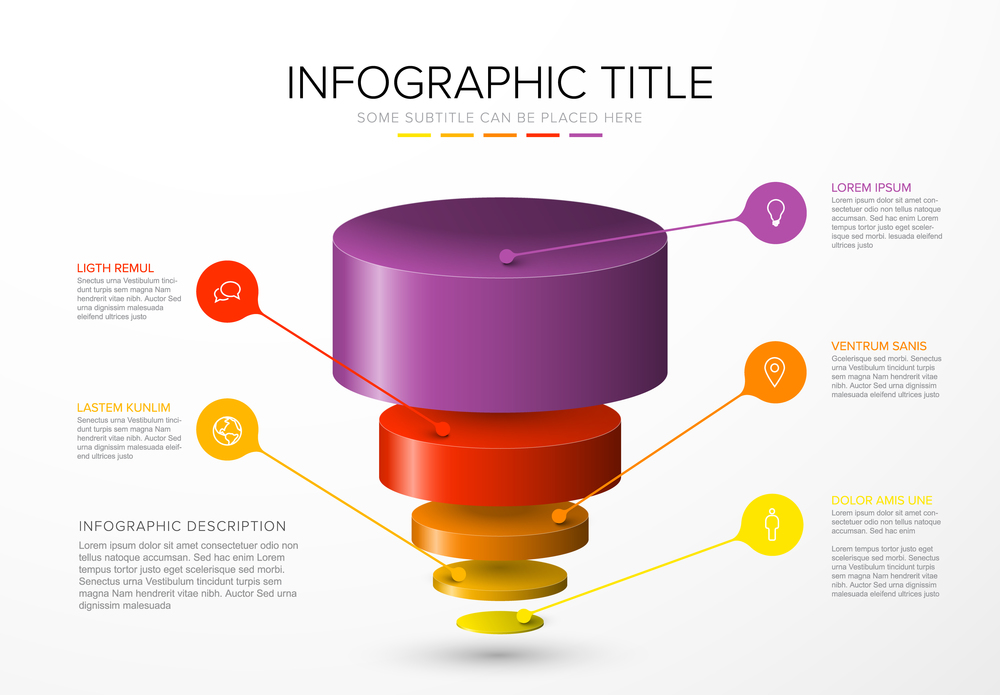 Vector Infographic layers template with five circle levels for material structure - funnel / reverse pyramid template on light background. Vector Infographic layers template