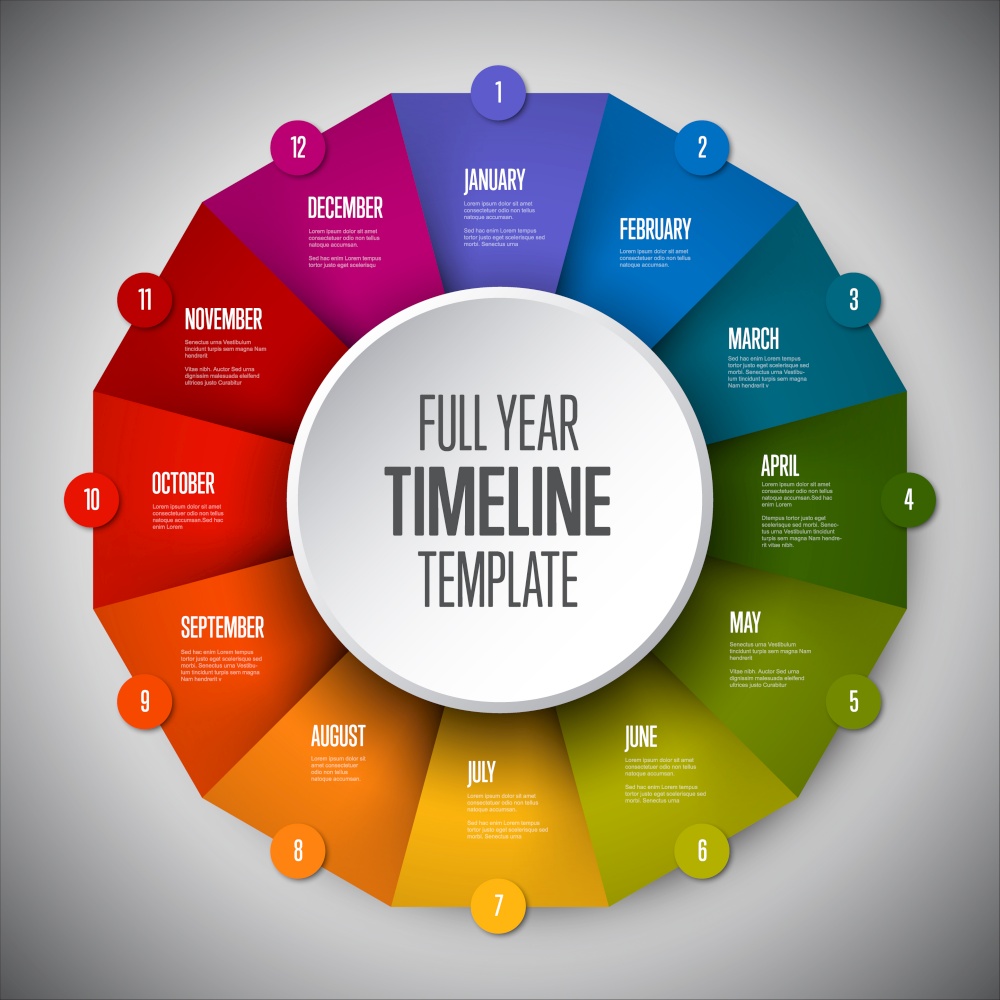 Full year timeline template with all months on circle folded rainbow papers