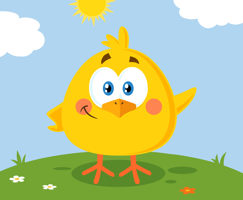 Smiling Yellow Chick Cartoon Character Waving For Greeting. Vector Illustration Flat Design With Background