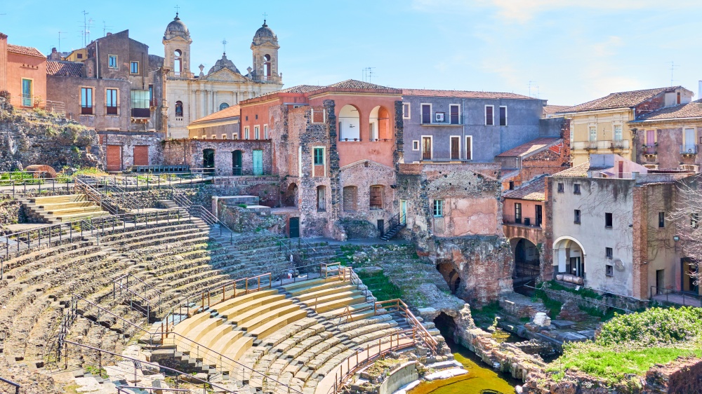Panoramic view of Catania with ancient roman theater, Sicily, Italy