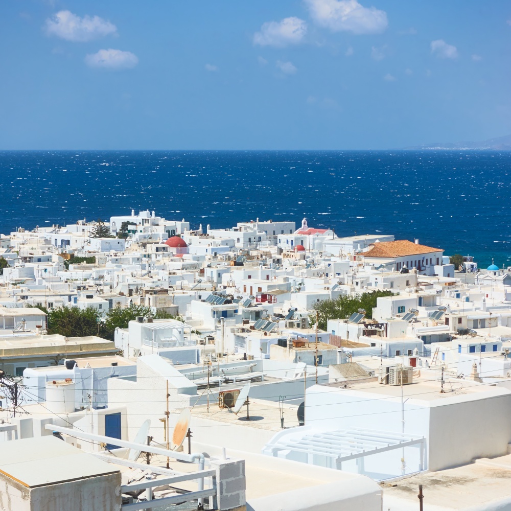 Rooftops of Mykonos town on the cost of the sea, Greece. Greek scenery
