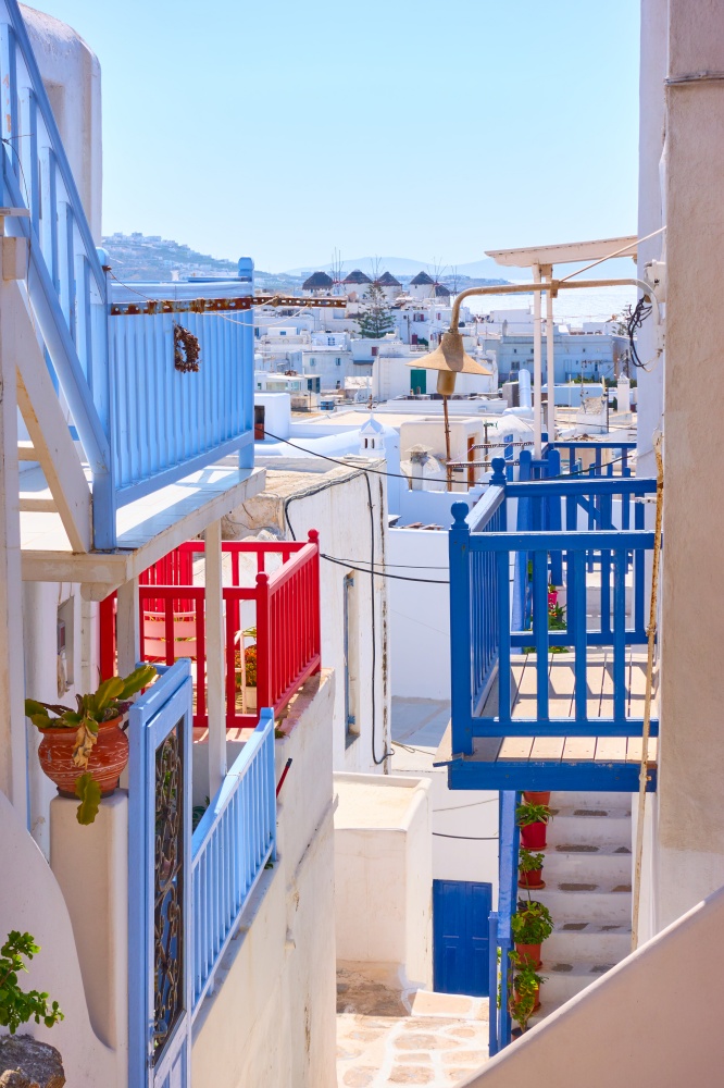 Stairs and balconies of Mykonos town, Greece. Greek cityscape