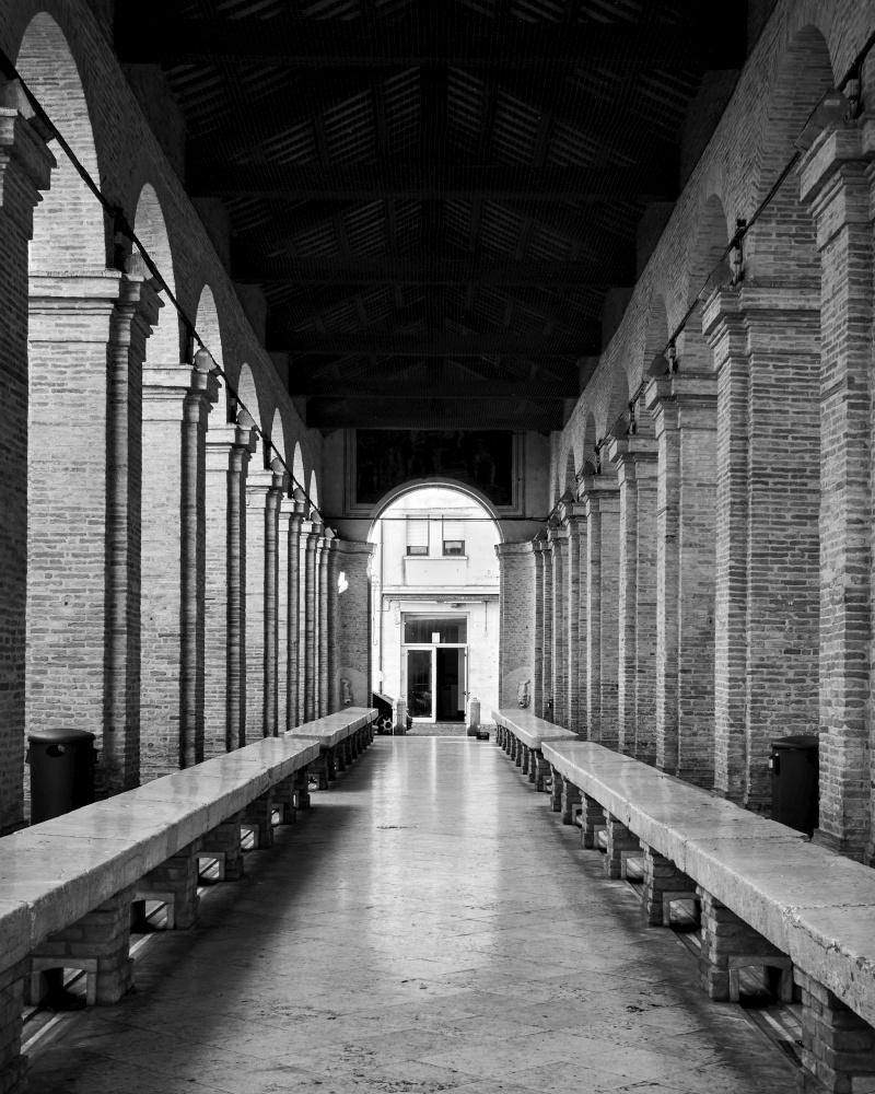 Old Fish Market in Rimini, Italy. Symmetry and perspective. Black and white architectural photography